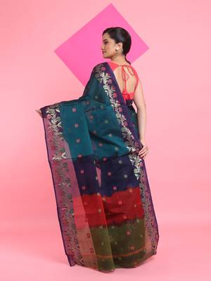Teal Green Cotton Soft Saree With Floral Motifs Without Blouse 3