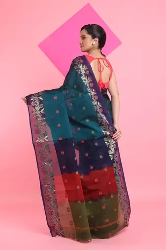 Teal Green Cotton Soft Saree With Floral Motifs Without Blouse