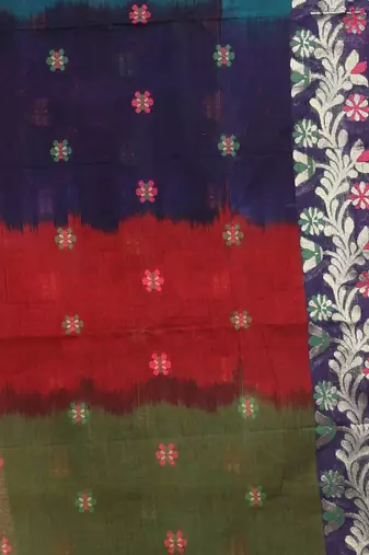 Teal Green Cotton Soft Saree With Floral Motifs Without Blouse