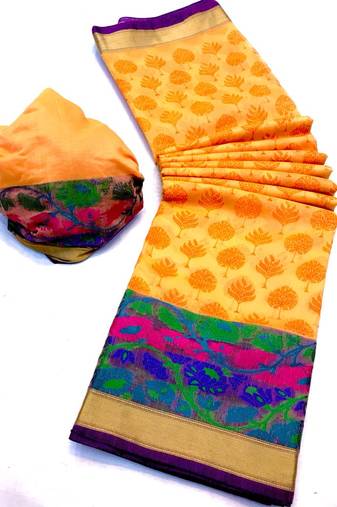 Koram Orange Cotton Silk And  Printed Design Sareee With Blouse For Women