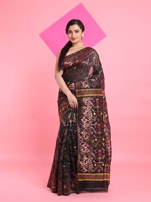 Black Jamdani Saree With All Over Zari & Thread Weaving Without Blouse 1