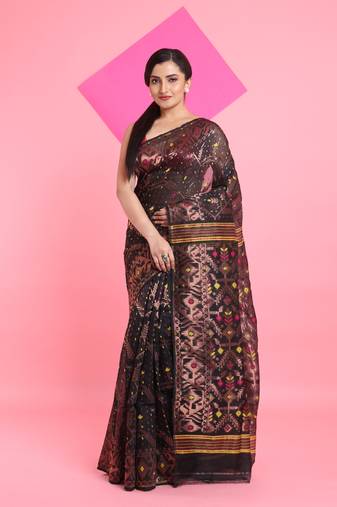 Black Jamdani Saree With All Over Zari & Thread Weaving Without Blouse