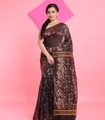 Black Jamdani Saree With All Over Zari & Thread Weaving Without Blouse
