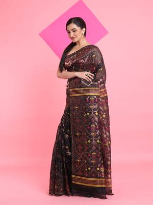 Black Jamdani Saree With All Over Zari & Thread Weaving Without Blouse 2