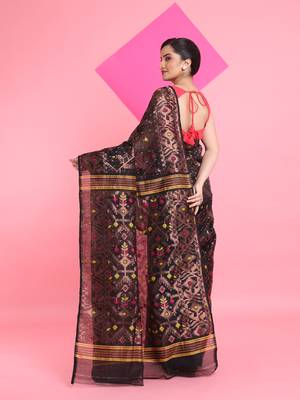 Black Jamdani Saree With All Over Zari & Thread Weaving Without Blouse 3