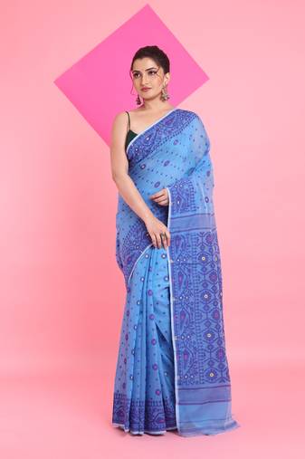 Sky Blue Jamdani Saree With All Over Thread Weaving Without Blouse