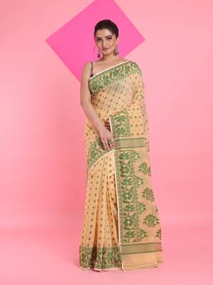 Cream Jamdani Saree With All Over Thread Weaving Without Blouse 1