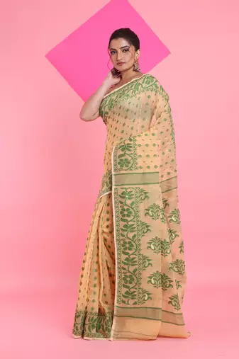 Cream Jamdani Saree With All Over Thread Weaving Without Blouse