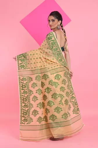 Cream Jamdani Saree With All Over Thread Weaving Without Blouse