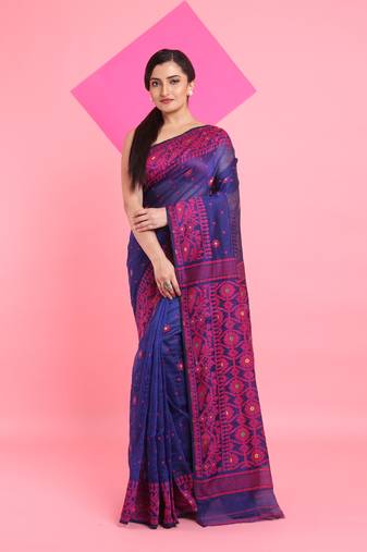 Blue Jamdani Saree With All Over Thread Weaving Without Blouse