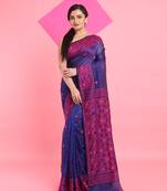 Blue Jamdani Saree With All Over Thread Weaving Without Blouse