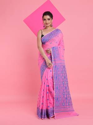 Pink Jamdani Saree With All Over Thread Weaving Without Blouse 1