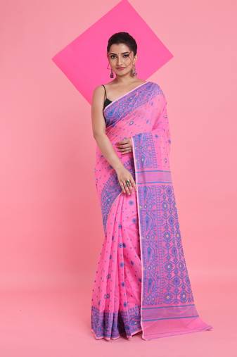 Pink Jamdani Saree With All Over Thread Weaving Without Blouse