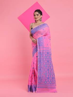 Pink Jamdani Saree With All Over Thread Weaving Without Blouse 2