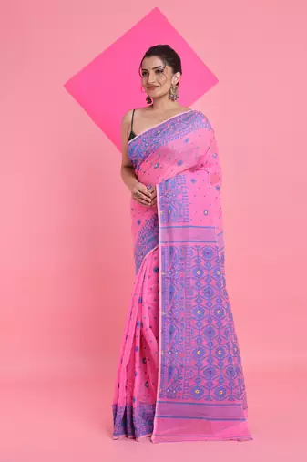 Pink Jamdani Saree With All Over Thread Weaving Without Blouse