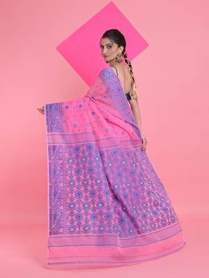Pink Jamdani Saree With All Over Thread Weaving Without Blouse 3
