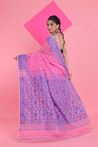 Pink Jamdani Saree With All Over Thread Weaving Without Blouse
