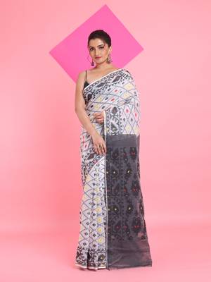 White Jamdani Saree With All Over Thread Weaving Without Blouse 1