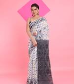 White Jamdani Saree With All Over Thread Weaving Without Blouse