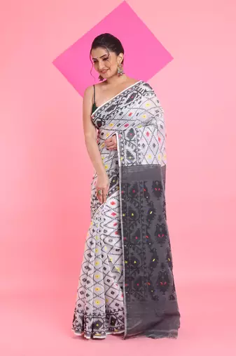 White Jamdani Saree With All Over Thread Weaving Without Blouse