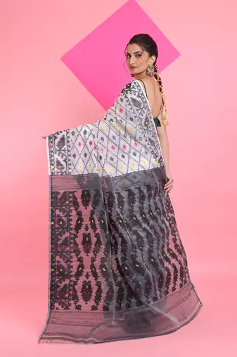 White Jamdani Saree With All Over Thread Weaving Without Blouse