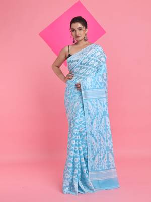 Sky Blue Jamdani Saree With All Over Thread Weaving Without Blouse 1
