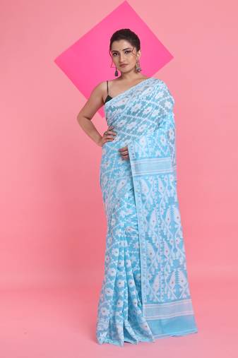 Sky Blue Jamdani Saree With All Over Thread Weaving Without Blouse