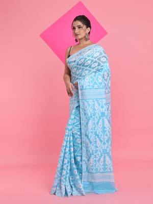 Sky Blue Jamdani Saree With All Over Thread Weaving Without Blouse 2