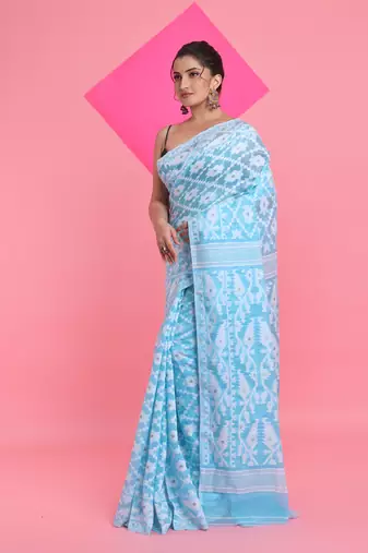 Sky Blue Jamdani Saree With All Over Thread Weaving Without Blouse