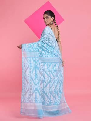 Sky Blue Jamdani Saree With All Over Thread Weaving Without Blouse 3