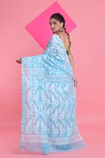 Sky Blue Jamdani Saree With All Over Thread Weaving Without Blouse