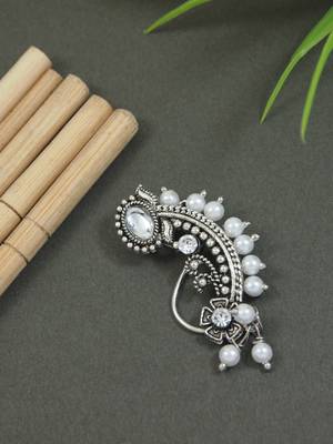 Silver Oxidised Non-Piercing Floral Design Maharashtrian Nath with White Pearls 1