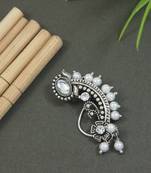 Silver Oxidised Non-Piercing Floral Design Maharashtrian Nath with White Pearls