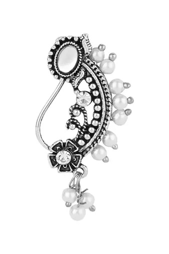 Silver Oxidised Non-Piercing Floral Design Maharashtrian Nath with White Pearls