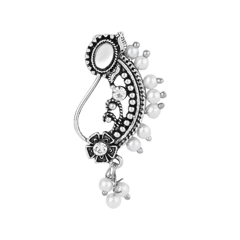 Silver Oxidised Non-Piercing Floral Design Maharashtrian Nath with White Pearls