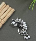 Silver Oxidised Non-Piercing Floral Design Maharashtrian Nath with White Pearls
