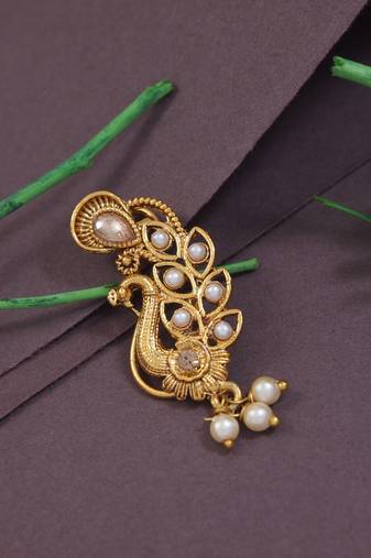 Elegant Non-Piercing Maharashtrian Ethnic Peacock Design White Pearl Nath