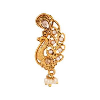Elegant Non-Piercing Maharashtrian Ethnic Peacock Design White Pearl Nath 2