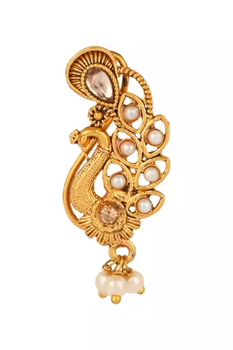 Elegant Non-Piercing Maharashtrian Ethnic Peacock Design White Pearl Nath