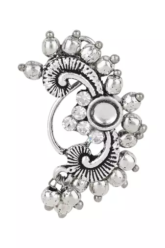 Silver Oxidised Non-Piercing Floral Design Maharashtrian Nath