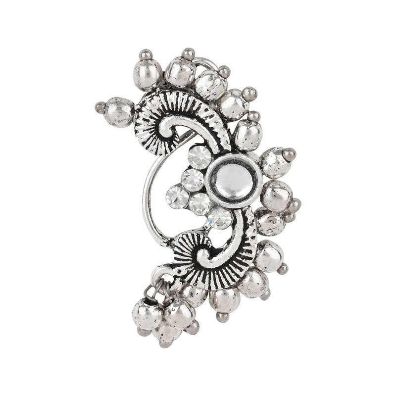 Silver Oxidised Non-Piercing Floral Design Maharashtrian Nath