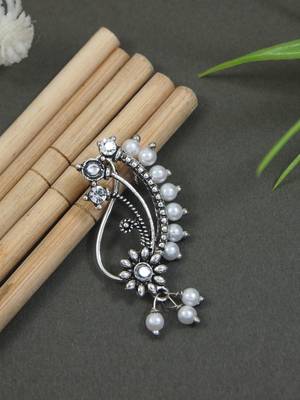 Silver Oxidised Non-Piercing Floral Design Maharashtrian Nath with White Pearls 1