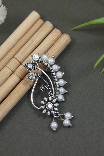 Silver Oxidised Non-Piercing Floral Design Maharashtrian Nath with White Pearls