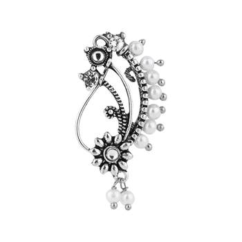 Silver Oxidised Non-Piercing Floral Design Maharashtrian Nath with White Pearls 2
