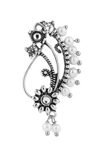 Silver Oxidised Non-Piercing Floral Design Maharashtrian Nath with White Pearls