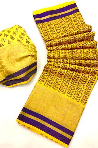 Koram Yellow Cotton Silk And  Printed Design Sareee With Blouse For Women