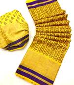 Koram Yellow Cotton Silk And  Printed Design Sareee With Blouse For Women