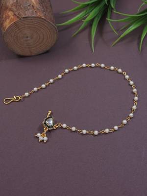 Traditional Kundan & Pearl Non-Piercing Nose Pin with Attached Pearl Chain 1