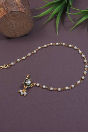Traditional Kundan & Pearl Non-Piercing Nose Pin with Attached Pearl Chain