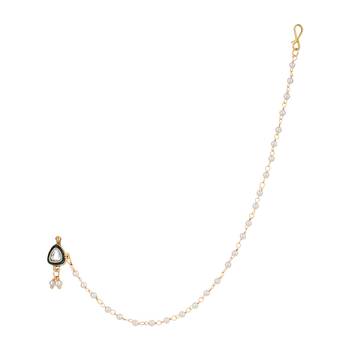 Traditional Kundan & Pearl Non-Piercing Nose Pin with Attached Pearl Chain 2